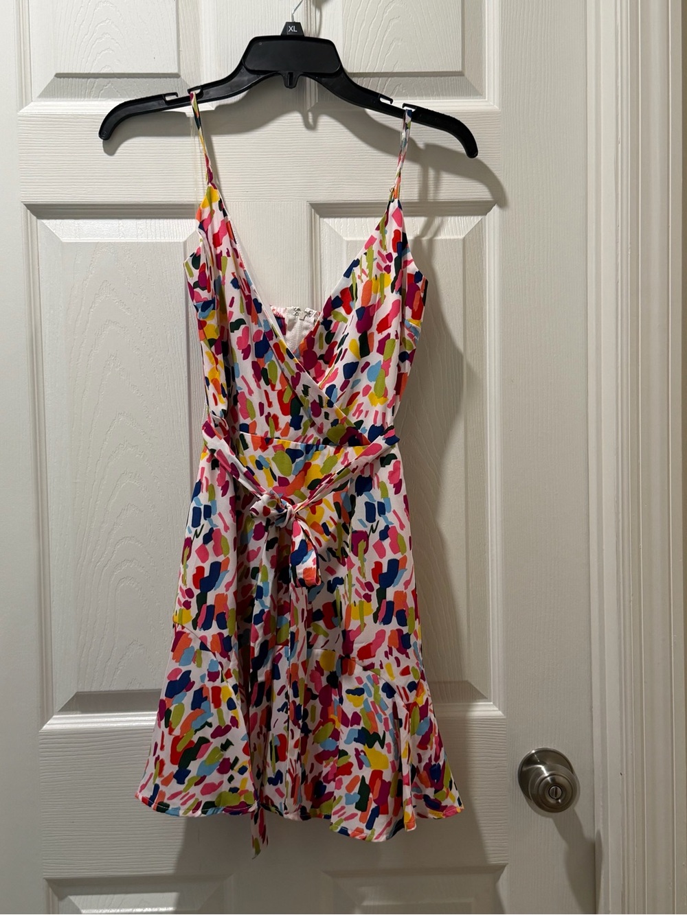 Trixxi White Multicolor Abstract Print Tie-Waist Spaghetti Strap Mini Dress